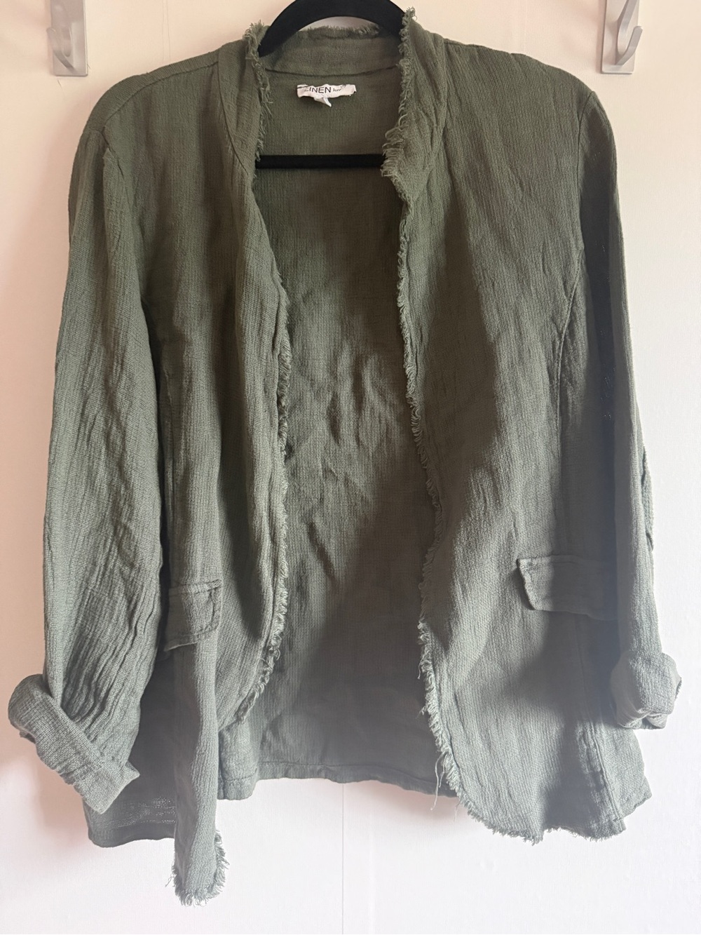 Linen Luv Olive Green Linen Cotton Open Front Jacket Cardigan M Boho Lagenlook